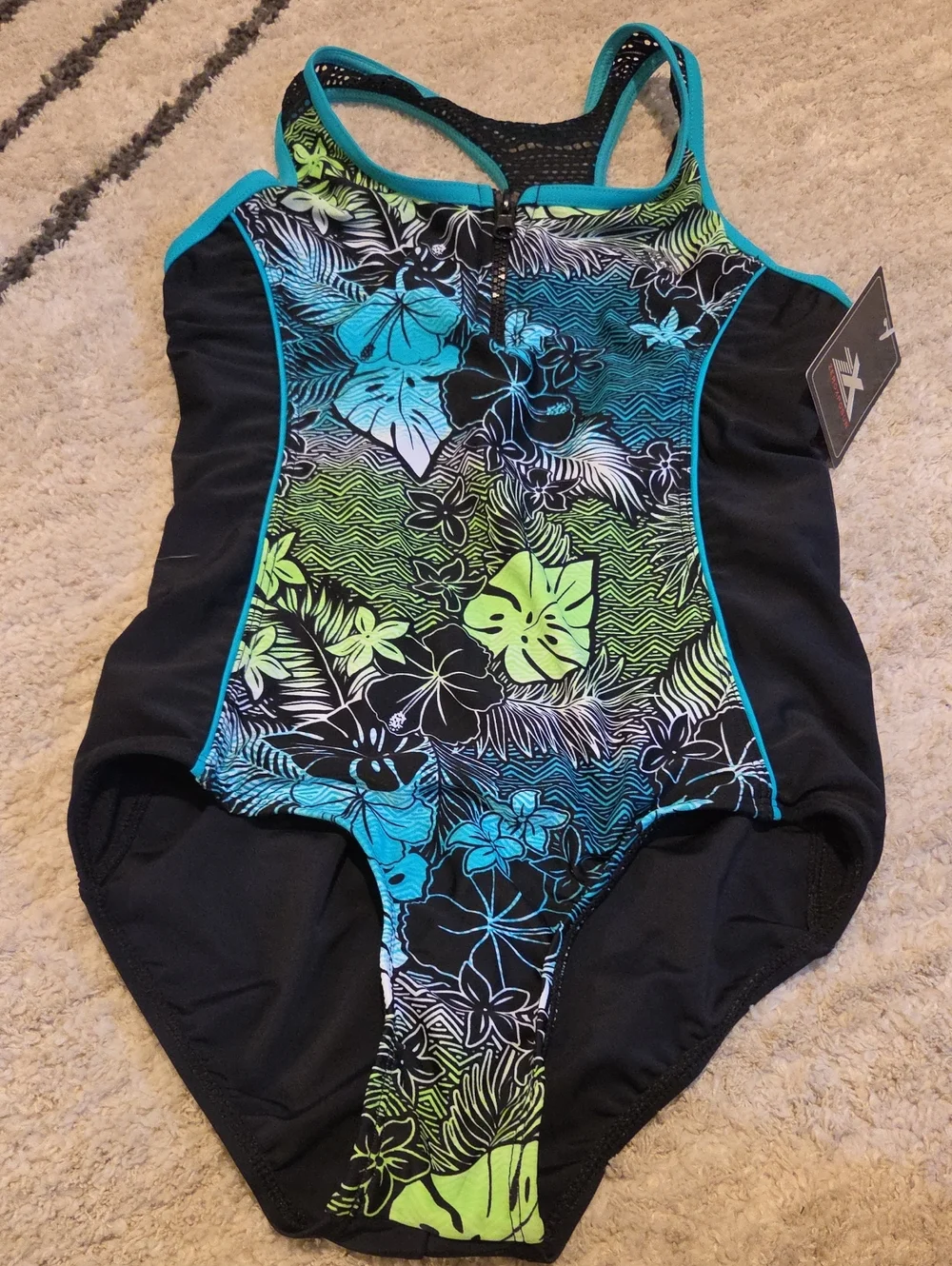 ZeroXposur Girls Black Swimsuit with Teal & Lime Floral Print